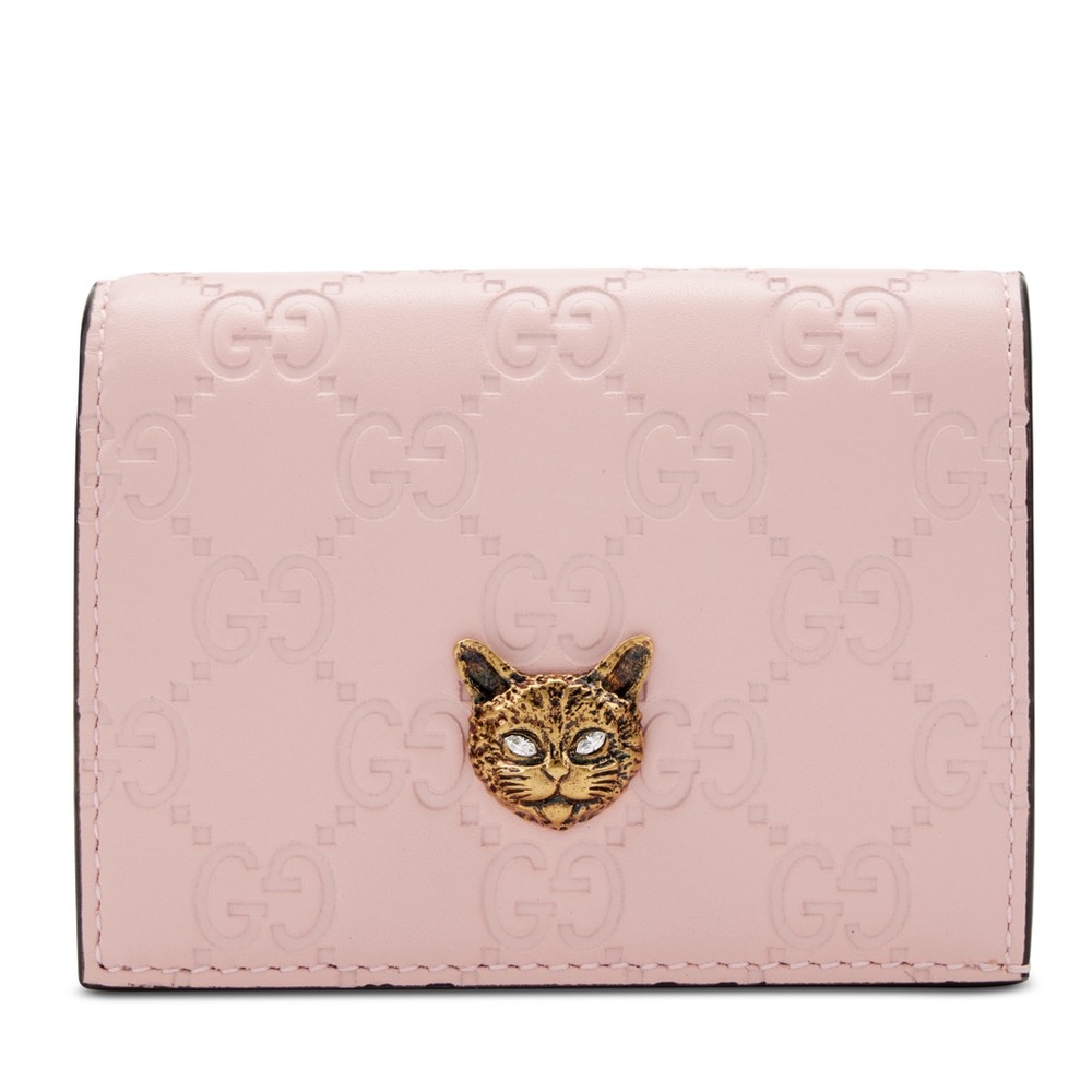 100% Authentic Gucci Guccissima Pink Signature CardCase Wallet With Cat